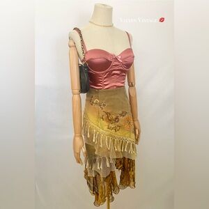 VINTAGE Y2K BOHO FAIRYCORE FLORAL BEADED TIE DYE DENIM HANDKERCHIEF SKIRT